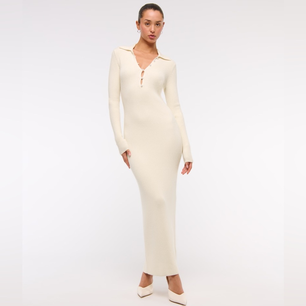 Abercrombie & Fitch Cream White Collared Long Sleeve Sweater Dress